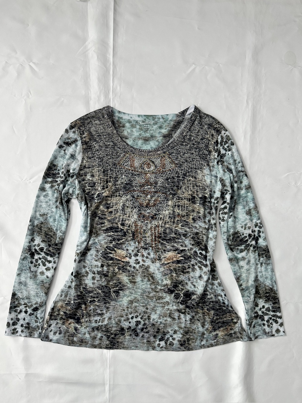 Essentials Animal Print Rhinestone Embellished Long Sleeve Top Green Size L